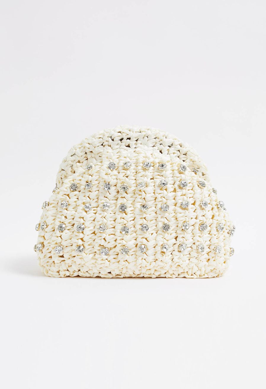 Rhinestone Decor Braided Straw Clutch
