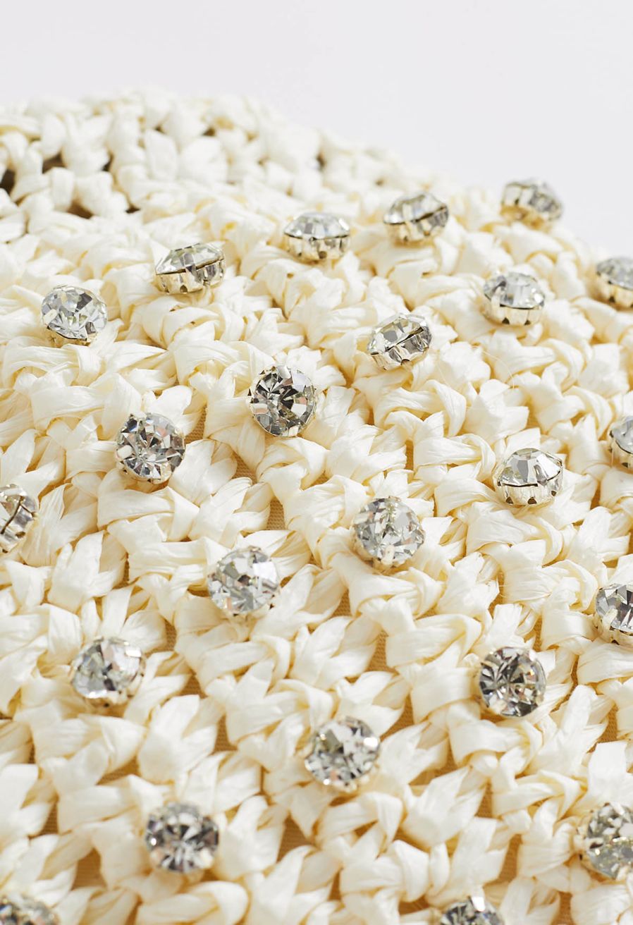 Rhinestone Decor Braided Straw Clutch