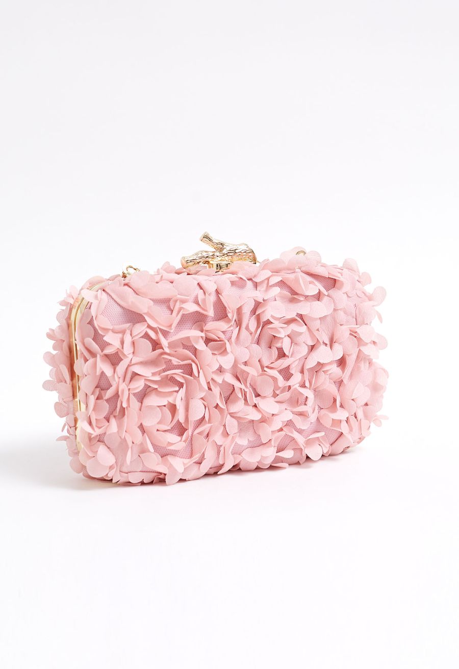 Pinky Flowers Embellished Mesh Clutch