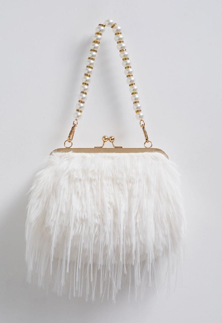 Alluring Pearl Fuzzy Handbag in Cream