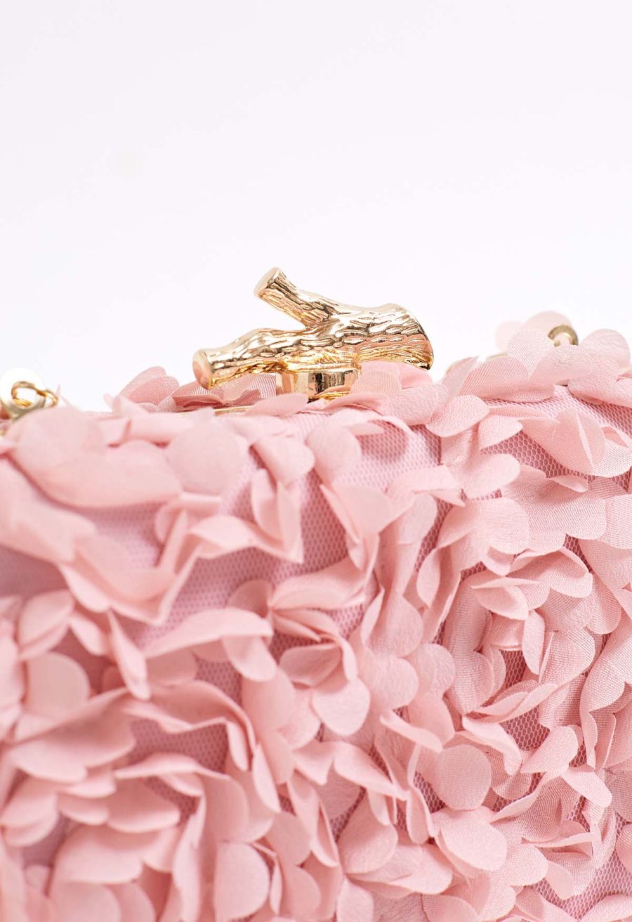 Pinky Flowers Embellished Mesh Clutch