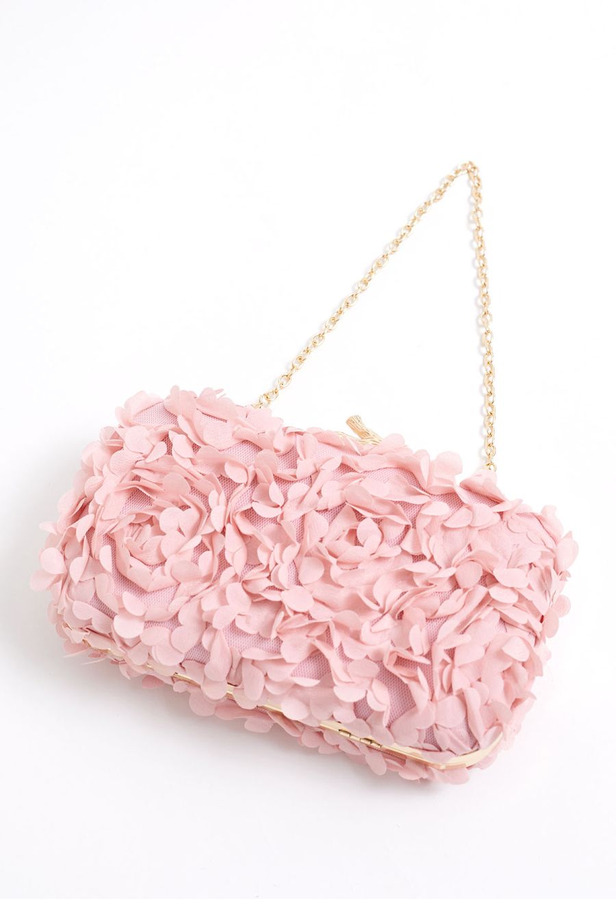 Pinky Flowers Embellished Mesh Clutch