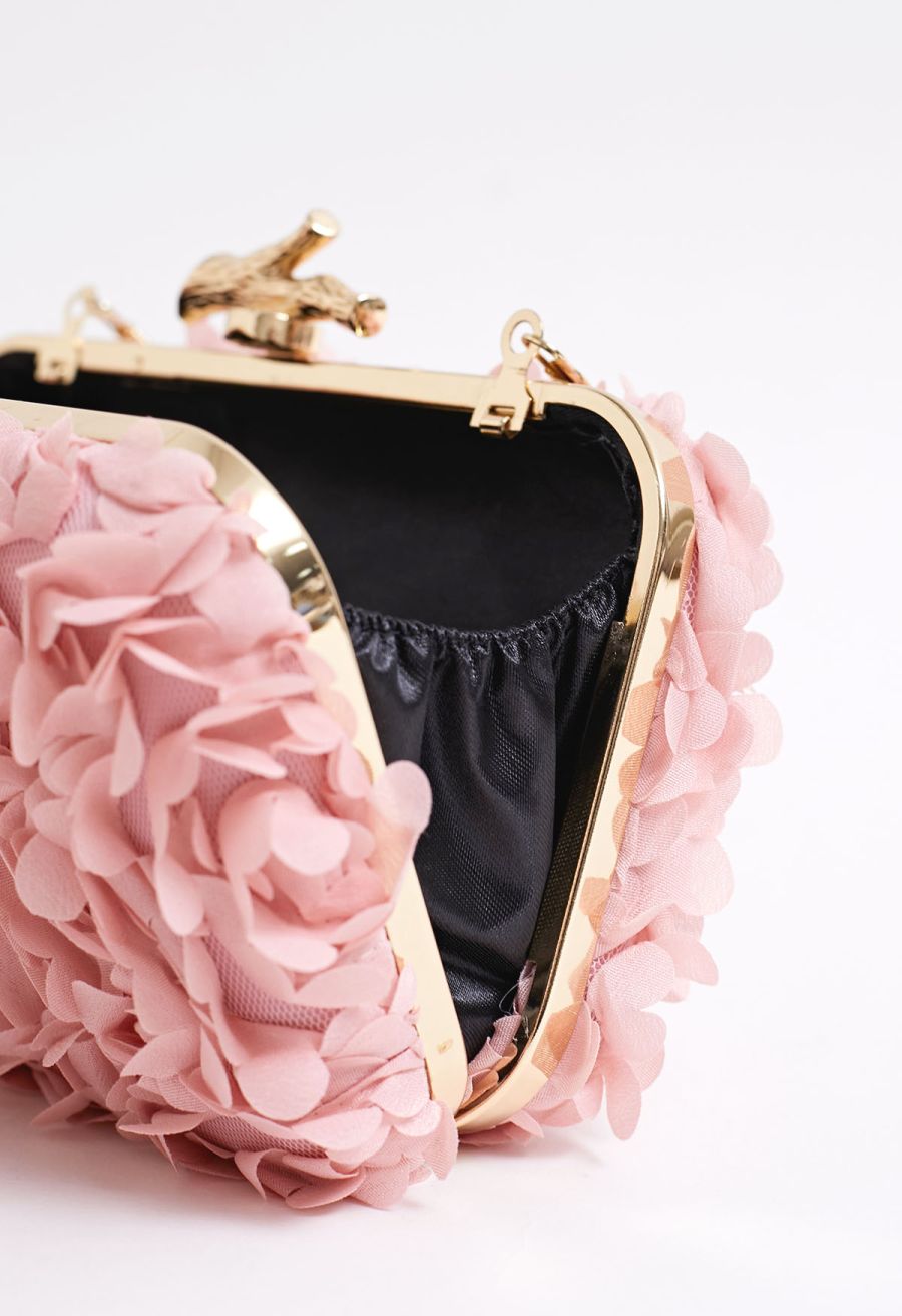 Pinky Flowers Embellished Mesh Clutch