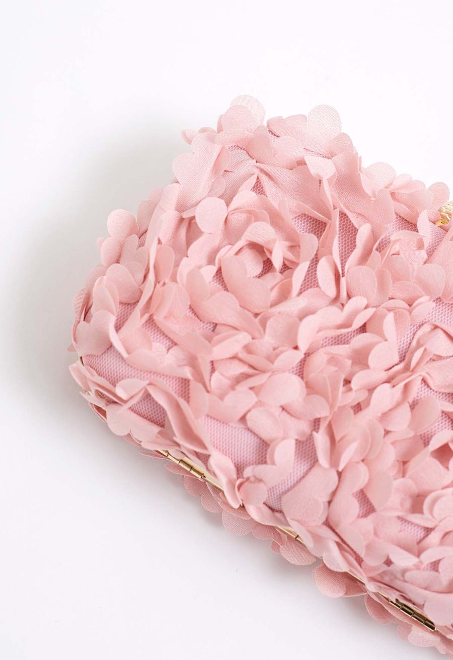 Pinky Flowers Embellished Mesh Clutch