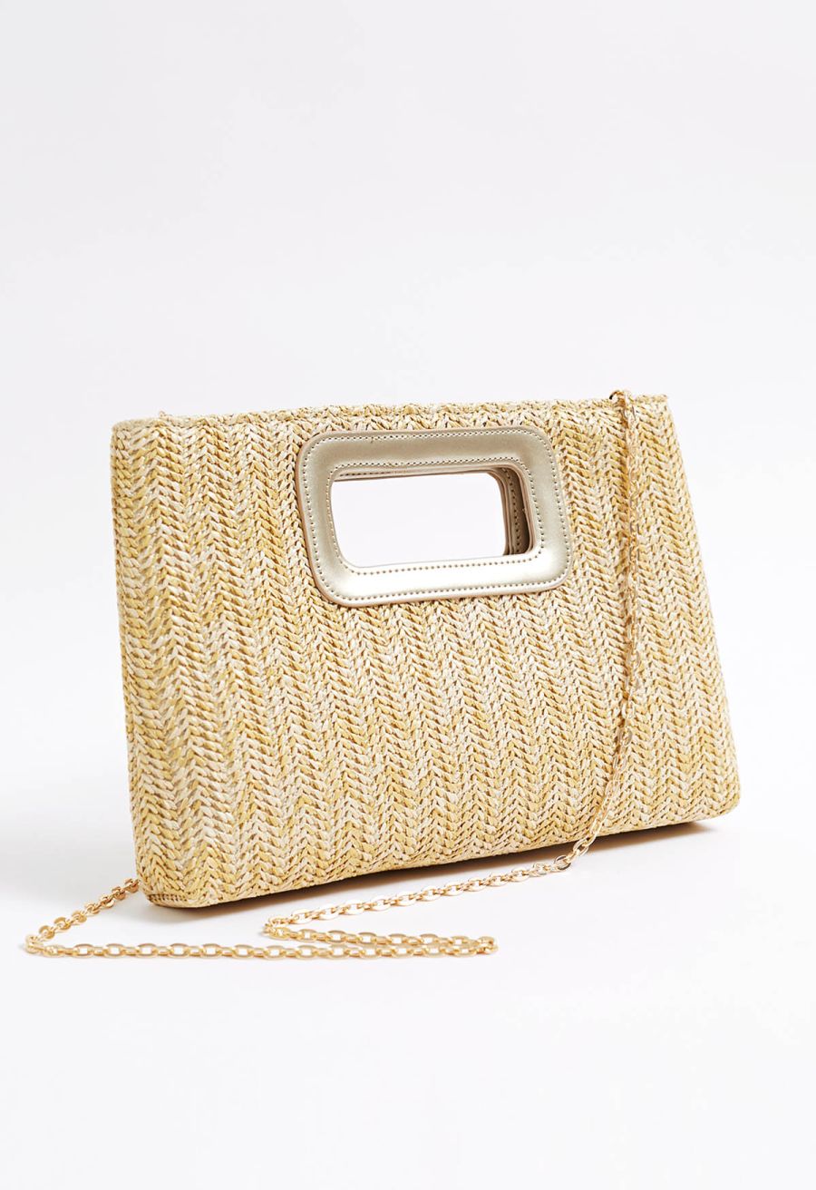 Square Shape Cutout Braided Straw Clutch