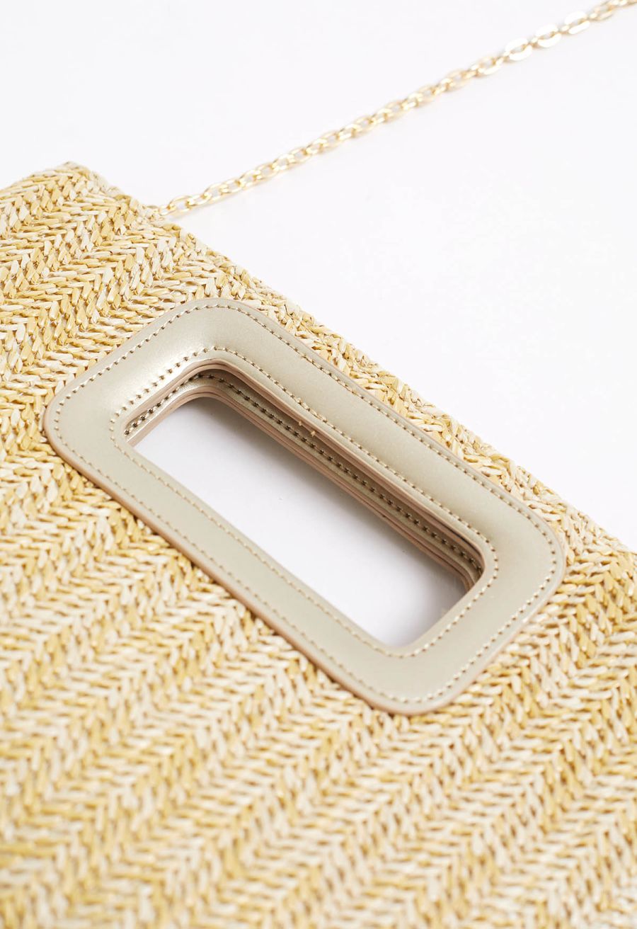 Square Shape Cutout Braided Straw Clutch