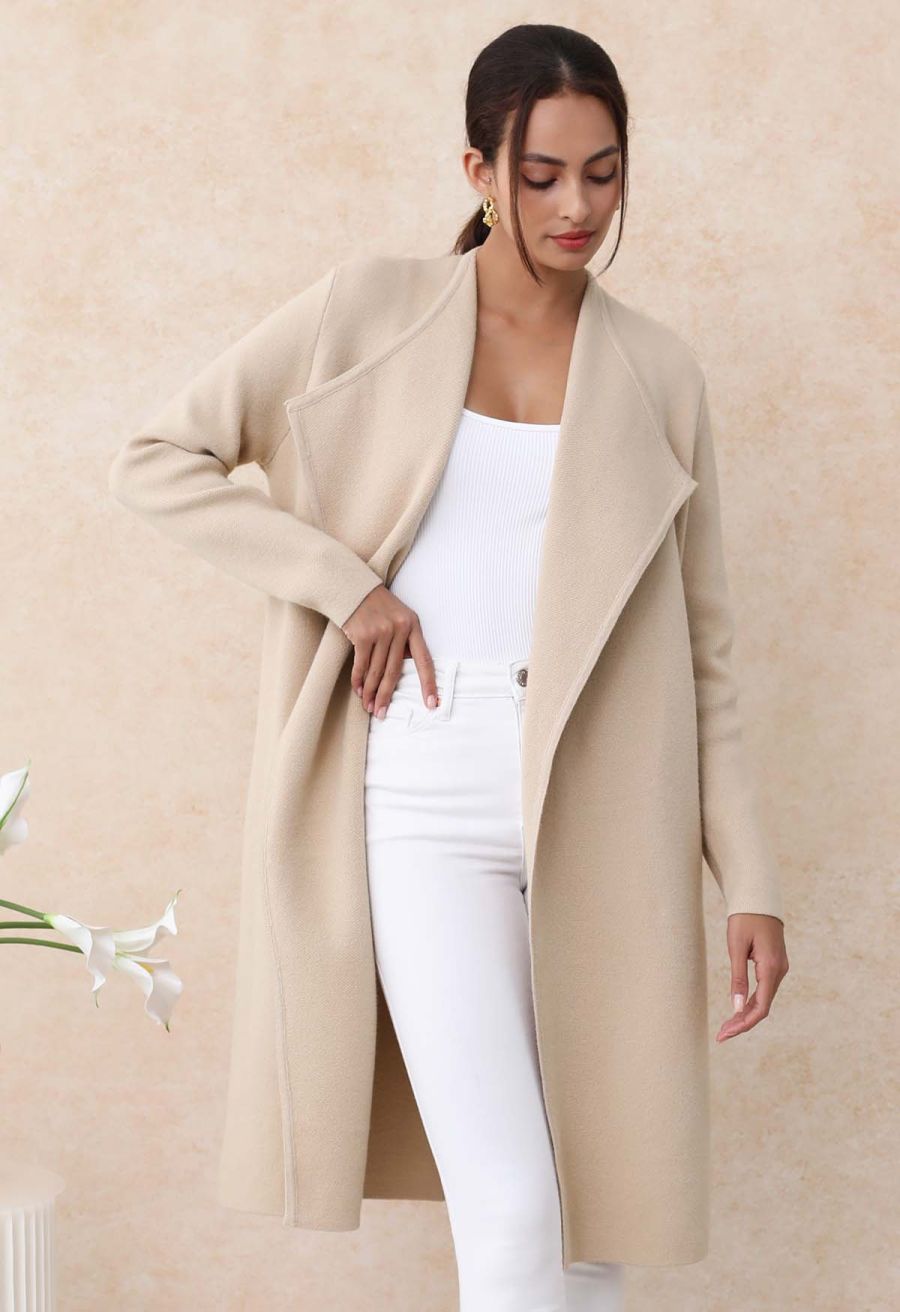 Classy Open Front Knit Coat in Light Tan