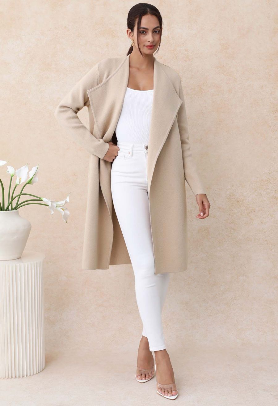 Classy Open Front Knit Coat in Light Tan
