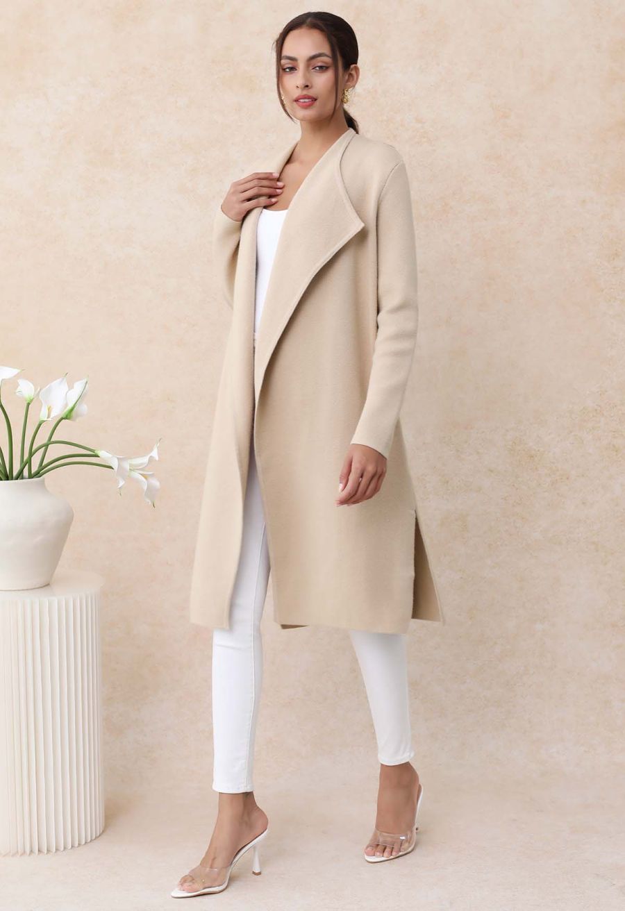 Classy Open Front Knit Coat in Light Tan