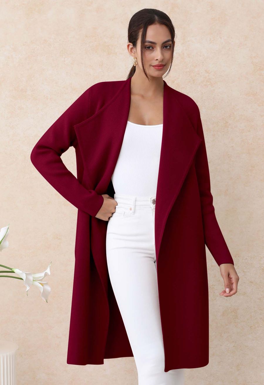 Classy Open Front Knit Coat in Burgundy