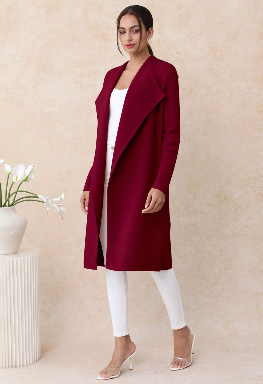Classy Open Front Knit Coat in Burgundy