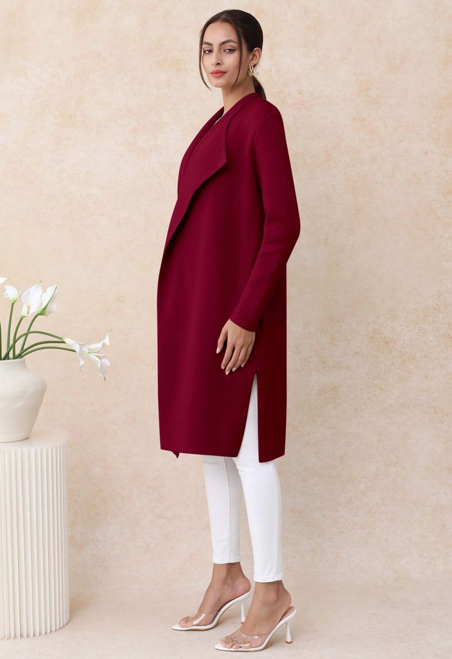 Classy Open Front Knit Coat in Burgundy