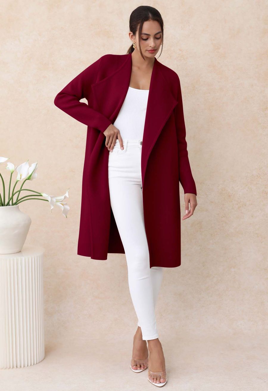Classy Open Front Knit Coat in Burgundy