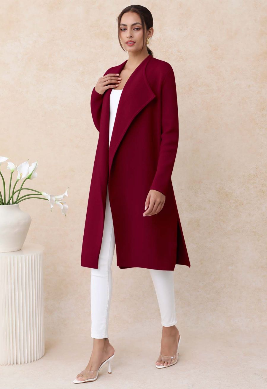 Classy Open Front Knit Coat in Burgundy