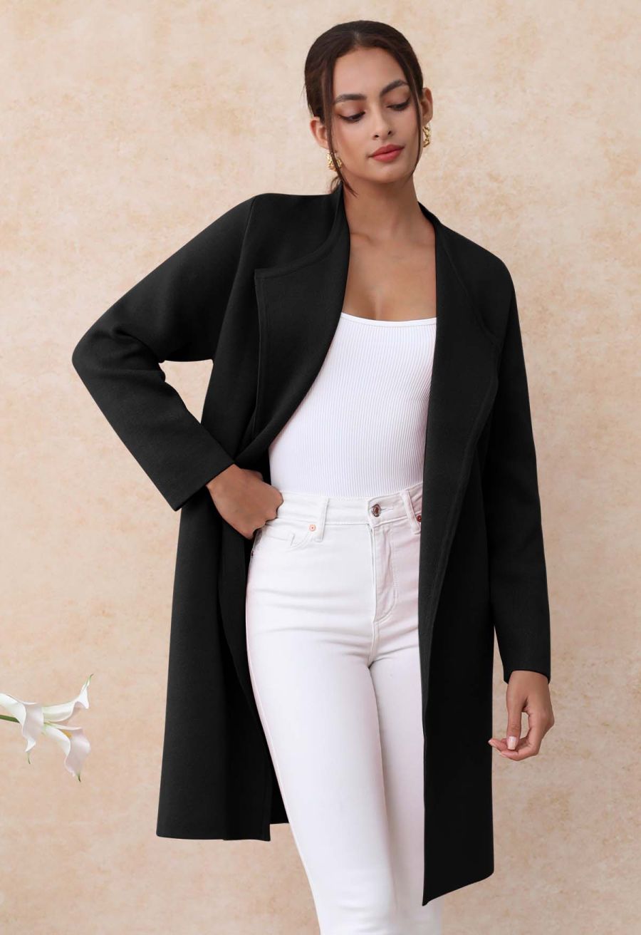 Classy Open Front Knit Coat in Black