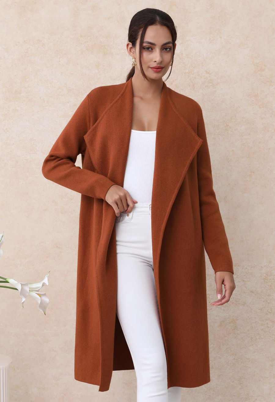 Classy Open Front Knit Coat in Caramel