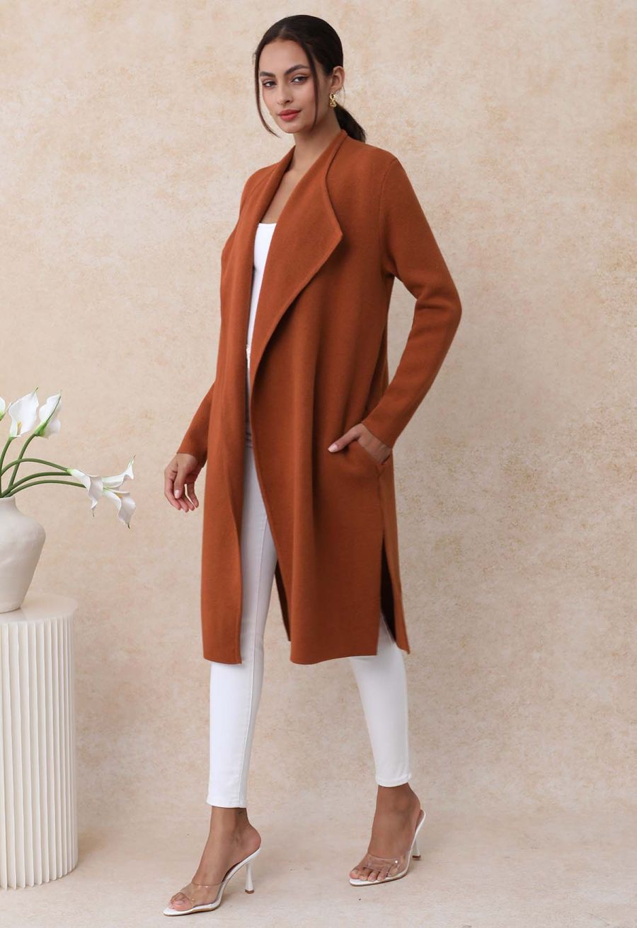 Classy Open Front Knit Coat in Caramel