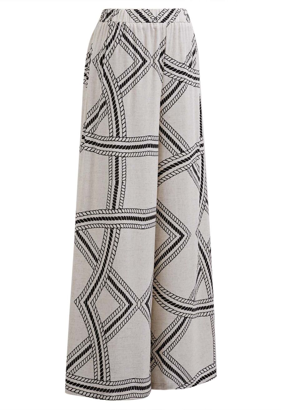 Geometric Grid Linen-Blend Palazzo Pants