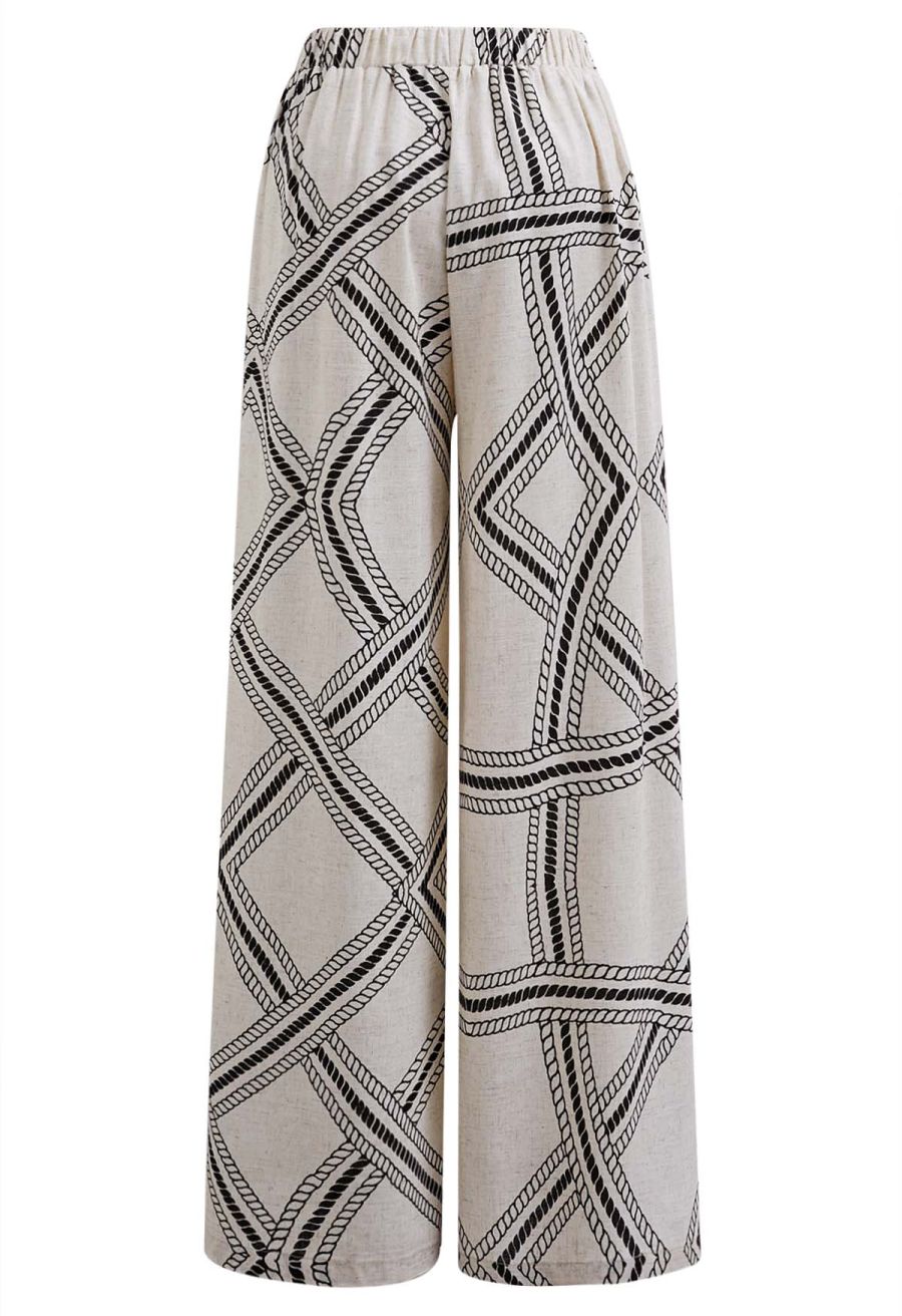 Geometric Grid Linen-Blend Palazzo Pants