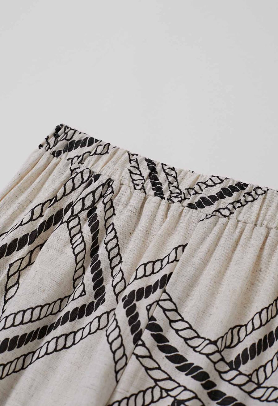 Geometric Grid Linen-Blend Palazzo Pants