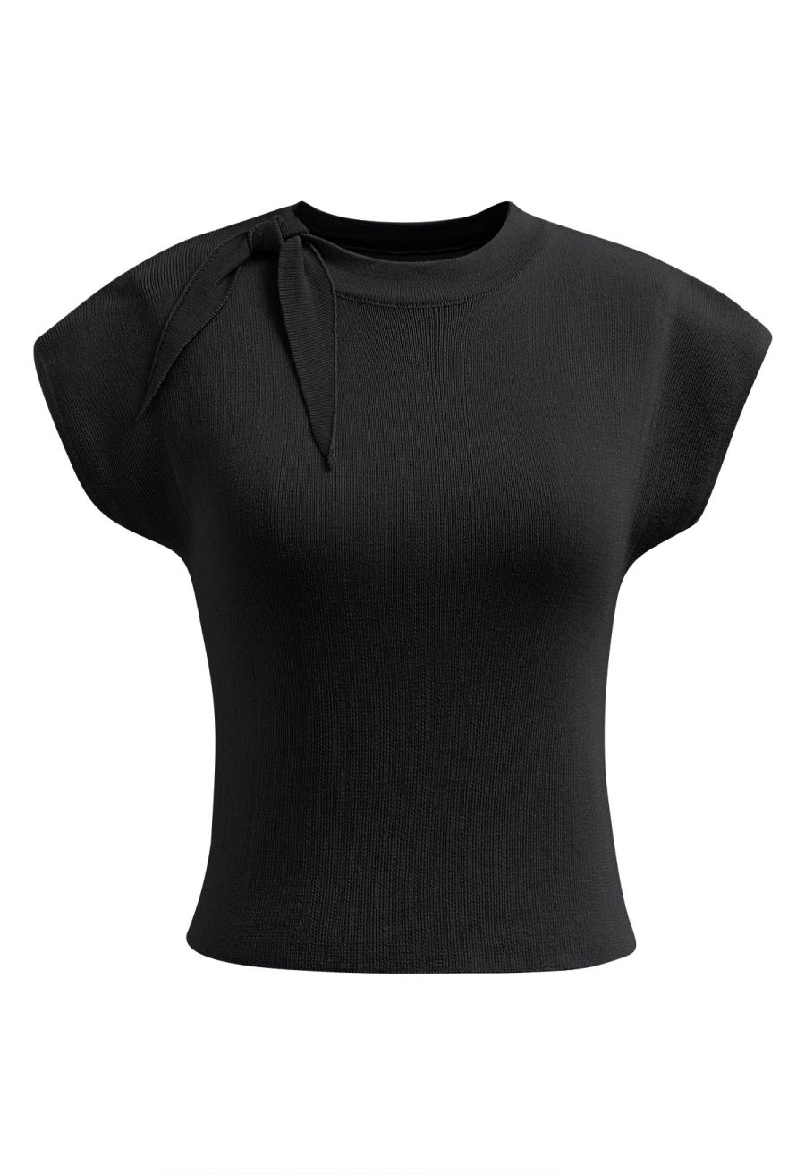 Side Tie Knotted Cap Sleeve Crop Knit Top in Black