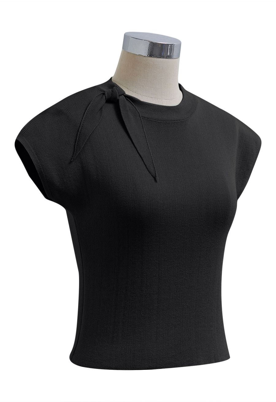 Side Tie Knotted Cap Sleeve Crop Knit Top in Black