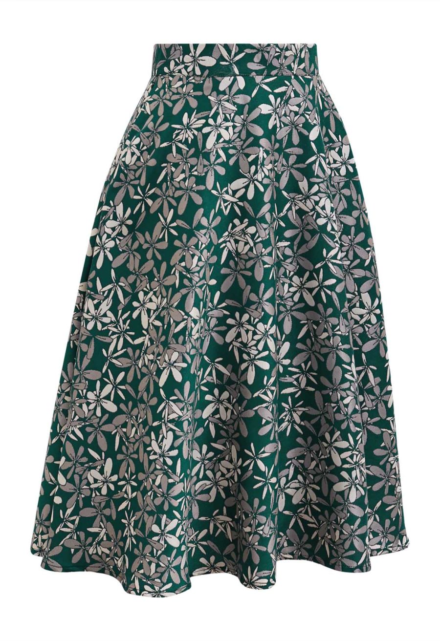 Blissful Daisy Jacquard Side Pocket A-Line Midi Skirt