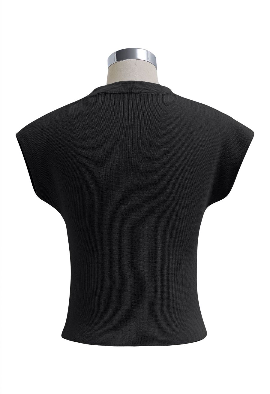 Side Tie Knotted Cap Sleeve Crop Knit Top in Black