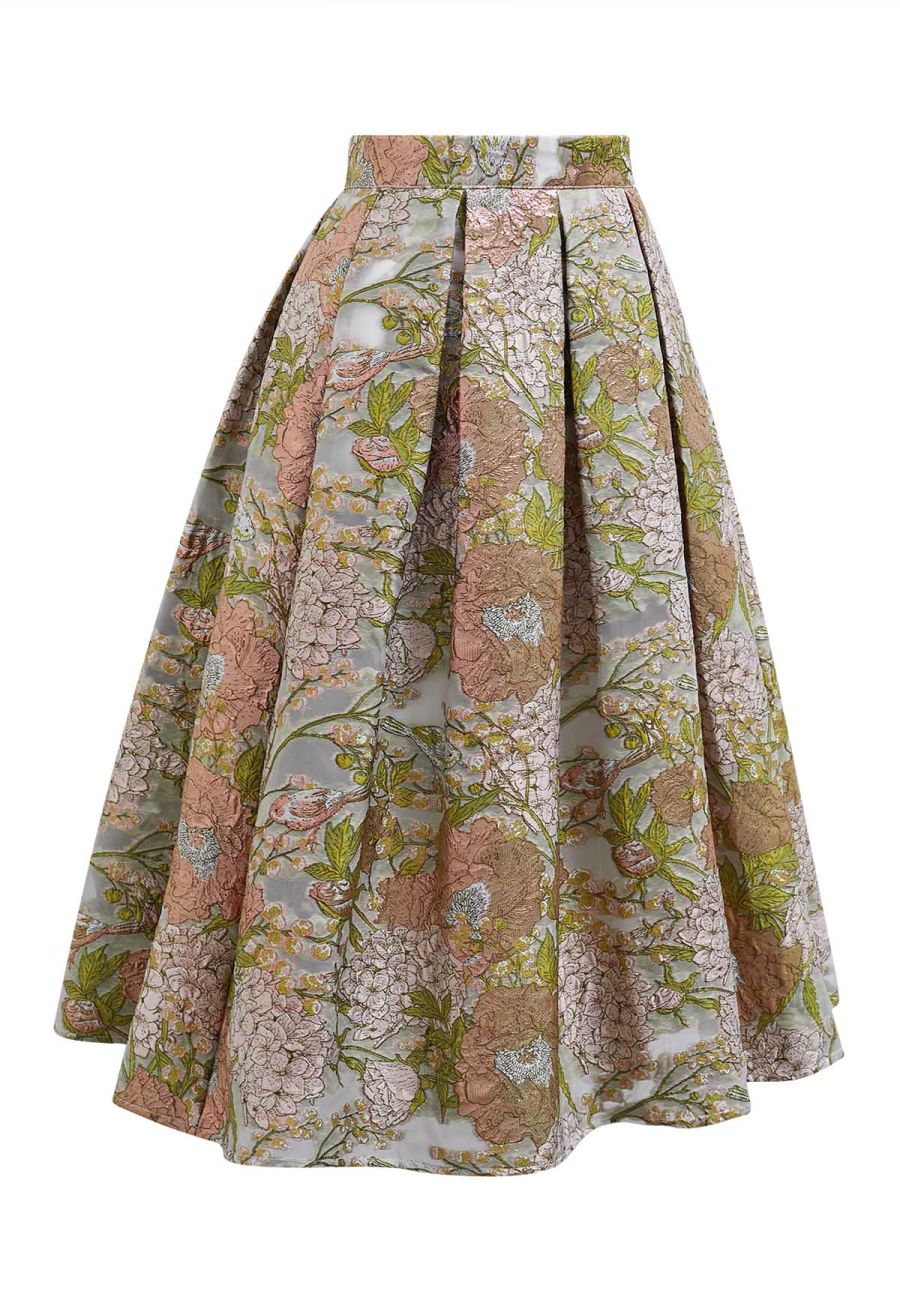 Lustrous Garden Jacquard Pleated Organza Midi Skirt