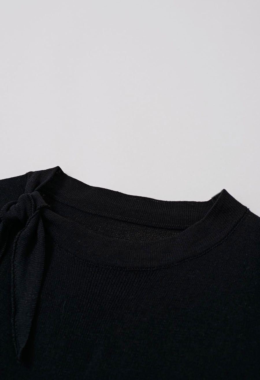 Side Tie Knotted Cap Sleeve Crop Knit Top in Black