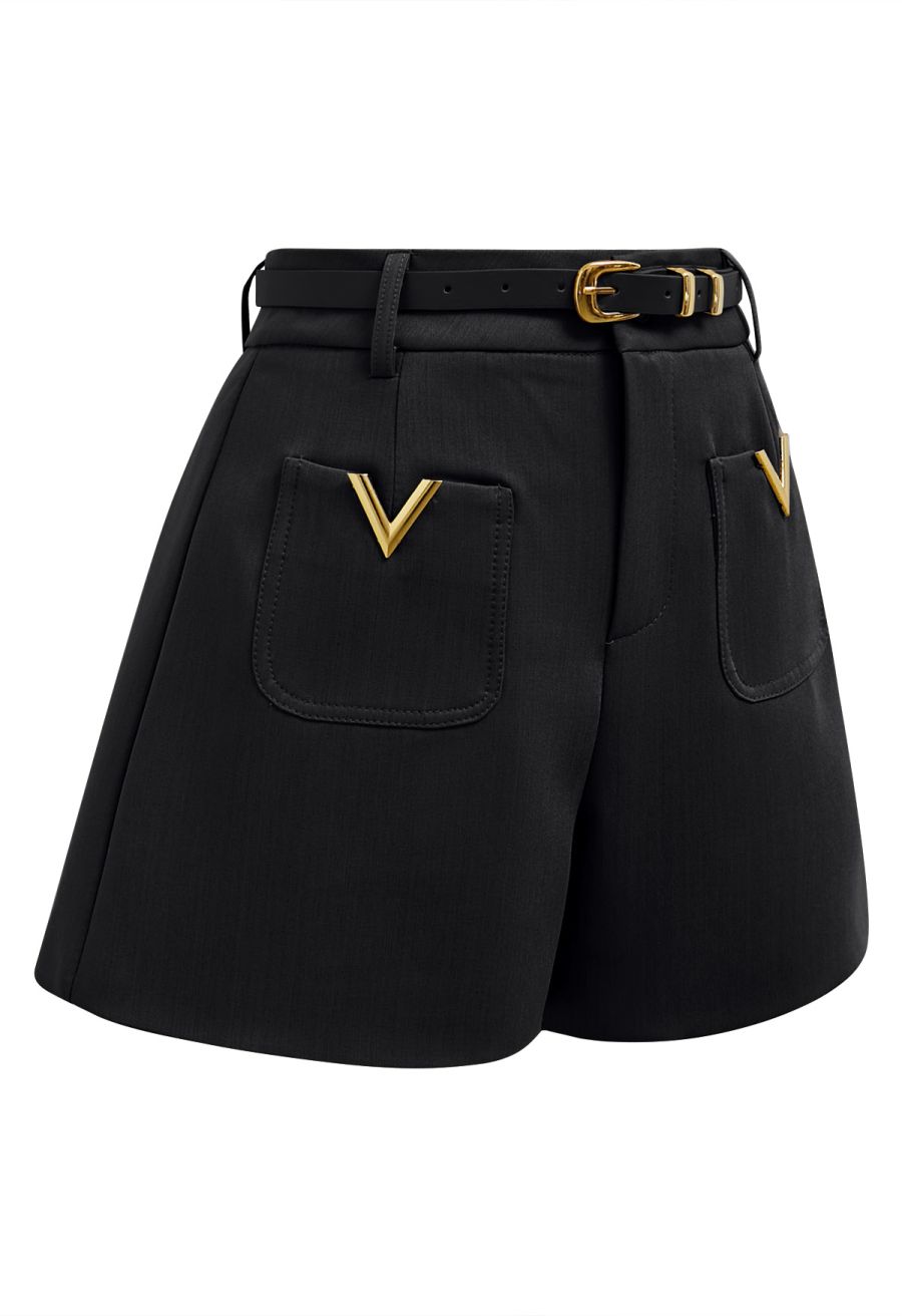 Golden V-Shape Metal Decor Belted Shorts in Black