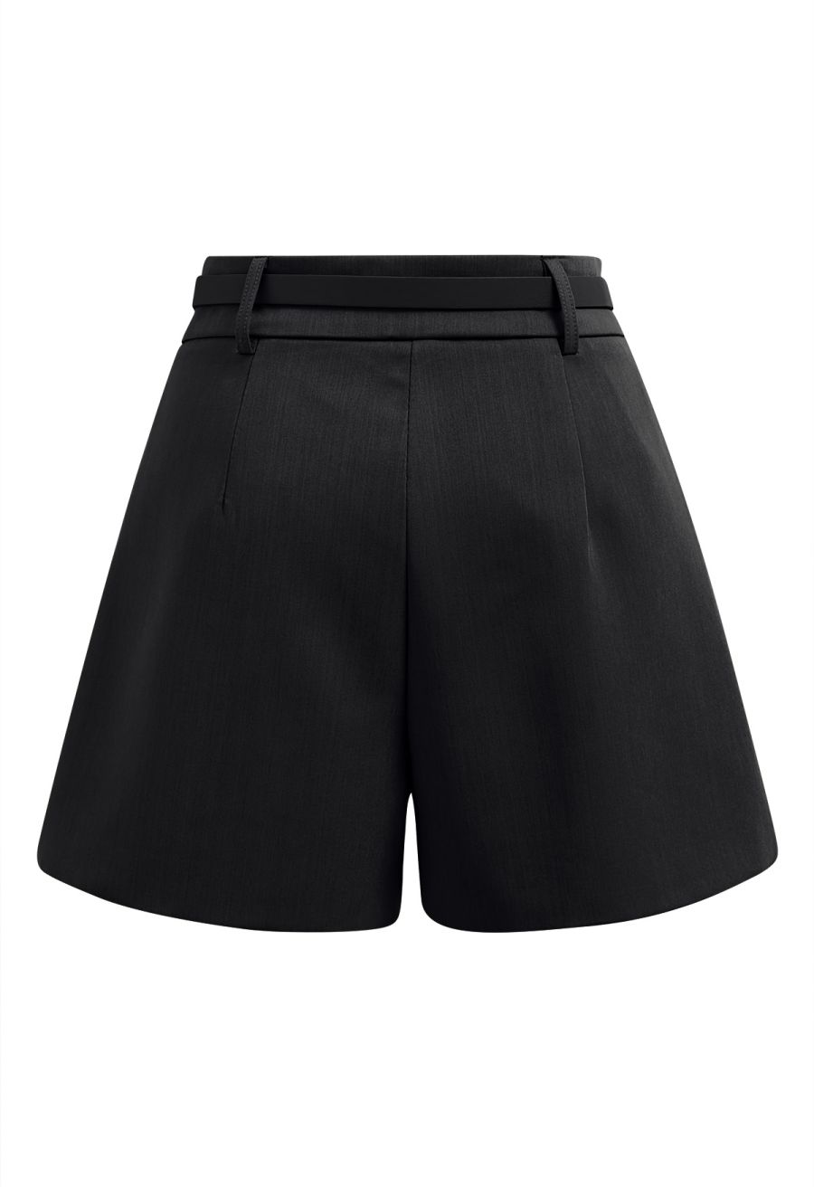 Golden V-Shape Metal Decor Belted Shorts in Black