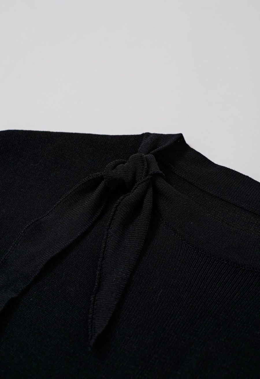 Side Tie Knotted Cap Sleeve Crop Knit Top in Black