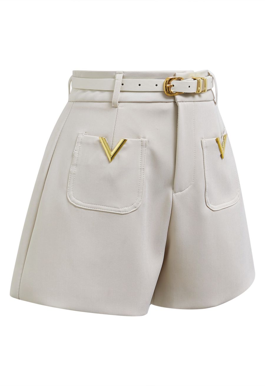 Golden V-Shape Metal Decor Belted Shorts in Ivory