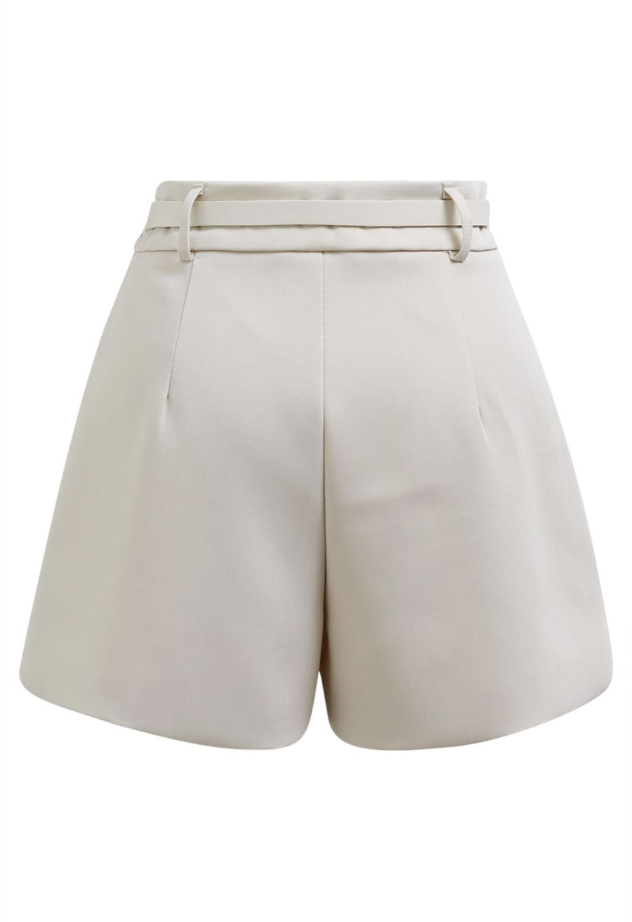 Golden V-Shape Metal Decor Belted Shorts in Ivory