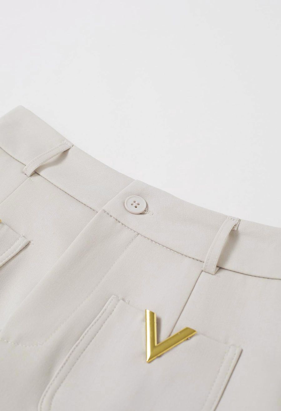 Golden V-Shape Metal Decor Belted Shorts in Ivory