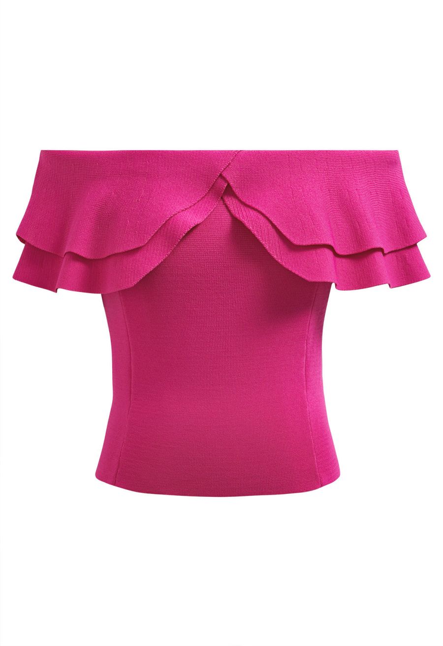Off-Shoulder Tiered Cropped Knit Top in Hot Pink