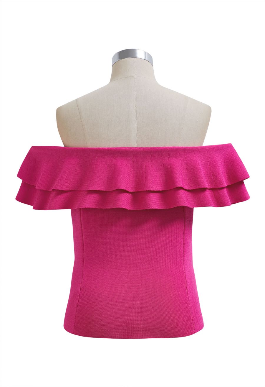 Off-Shoulder Tiered Cropped Knit Top in Hot Pink