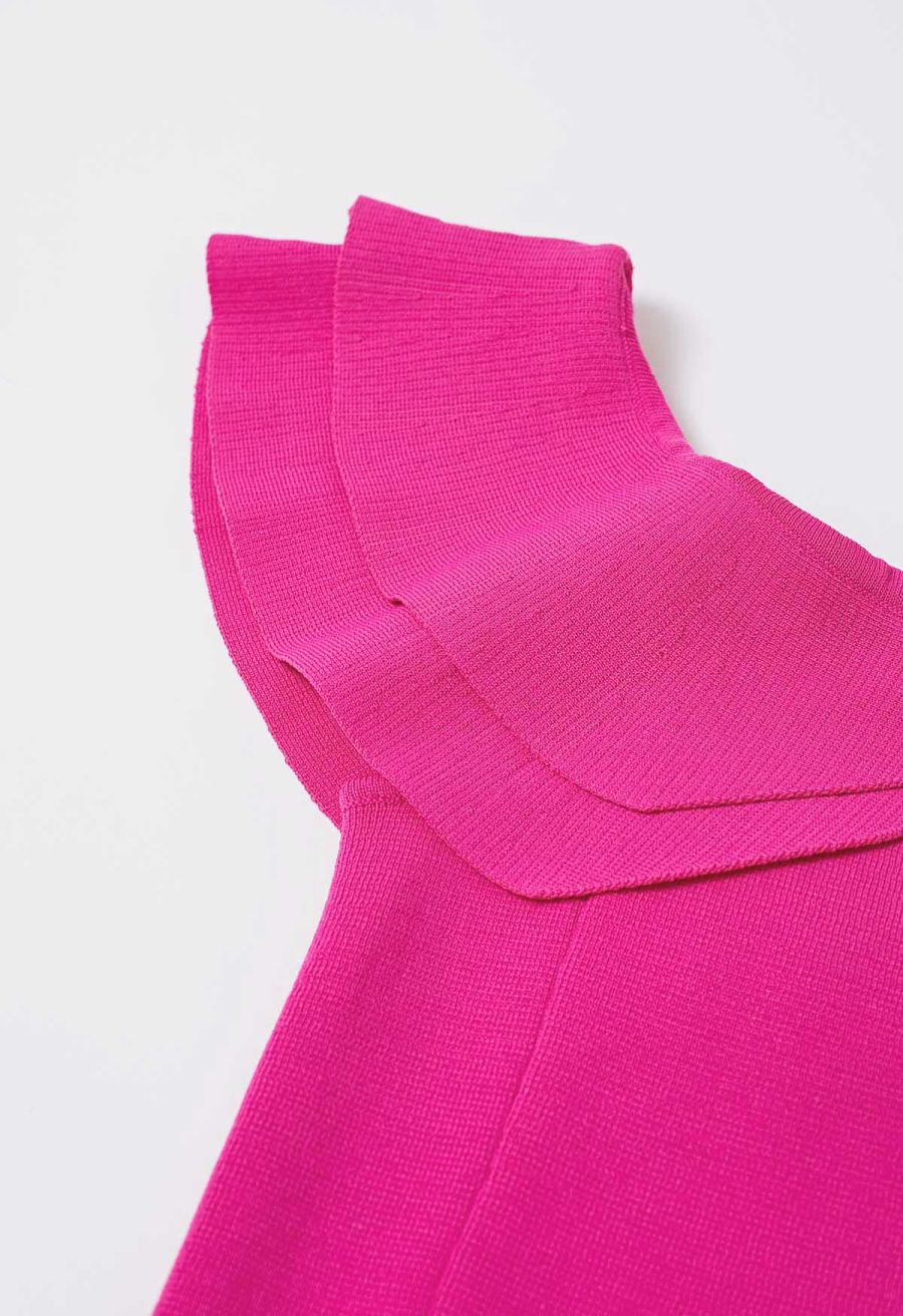 Off-Shoulder Tiered Cropped Knit Top in Hot Pink