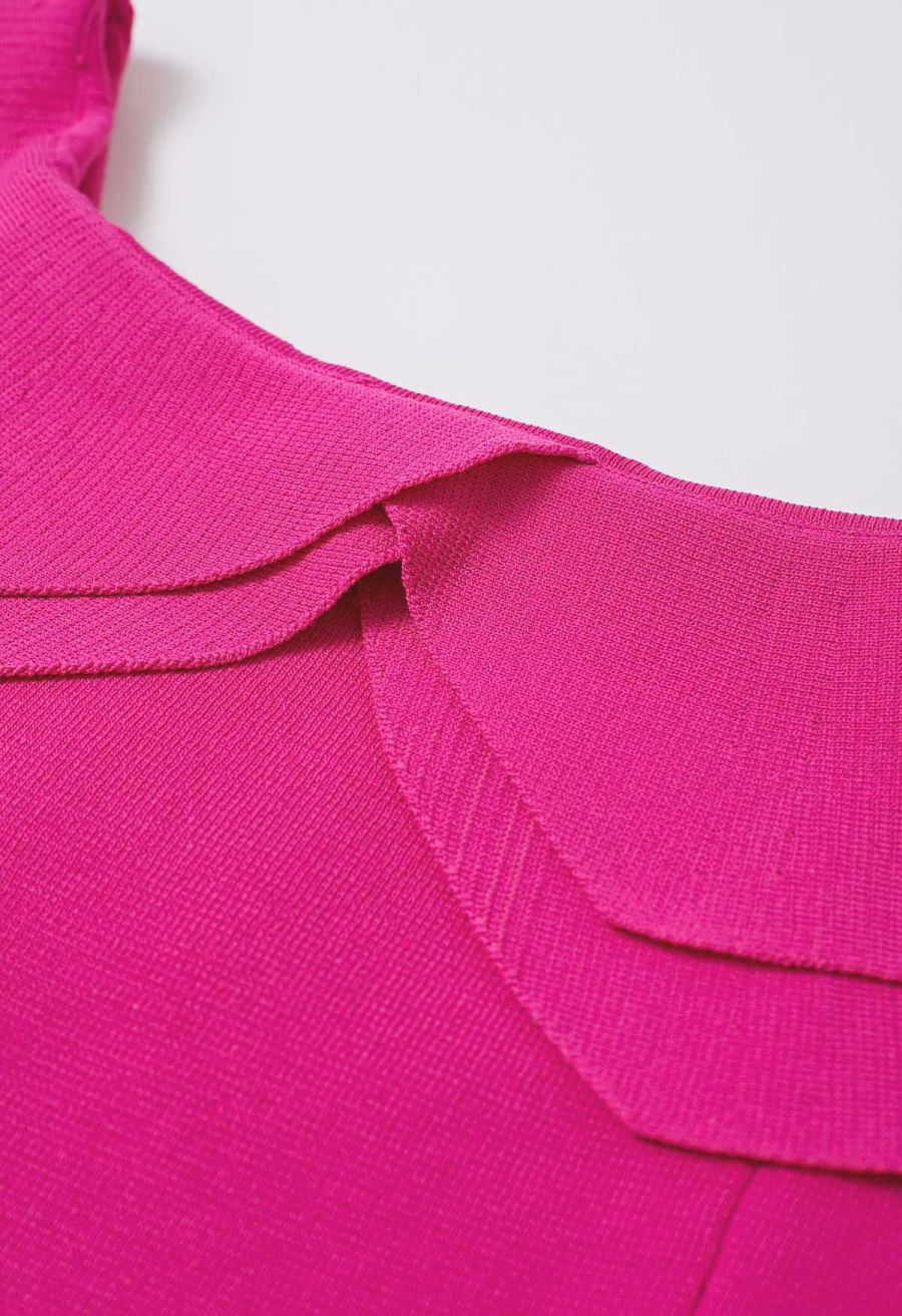 Off-Shoulder Tiered Cropped Knit Top in Hot Pink