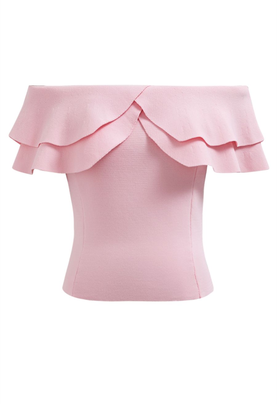 Off-Shoulder Tiered Cropped Knit Top in Light Pink