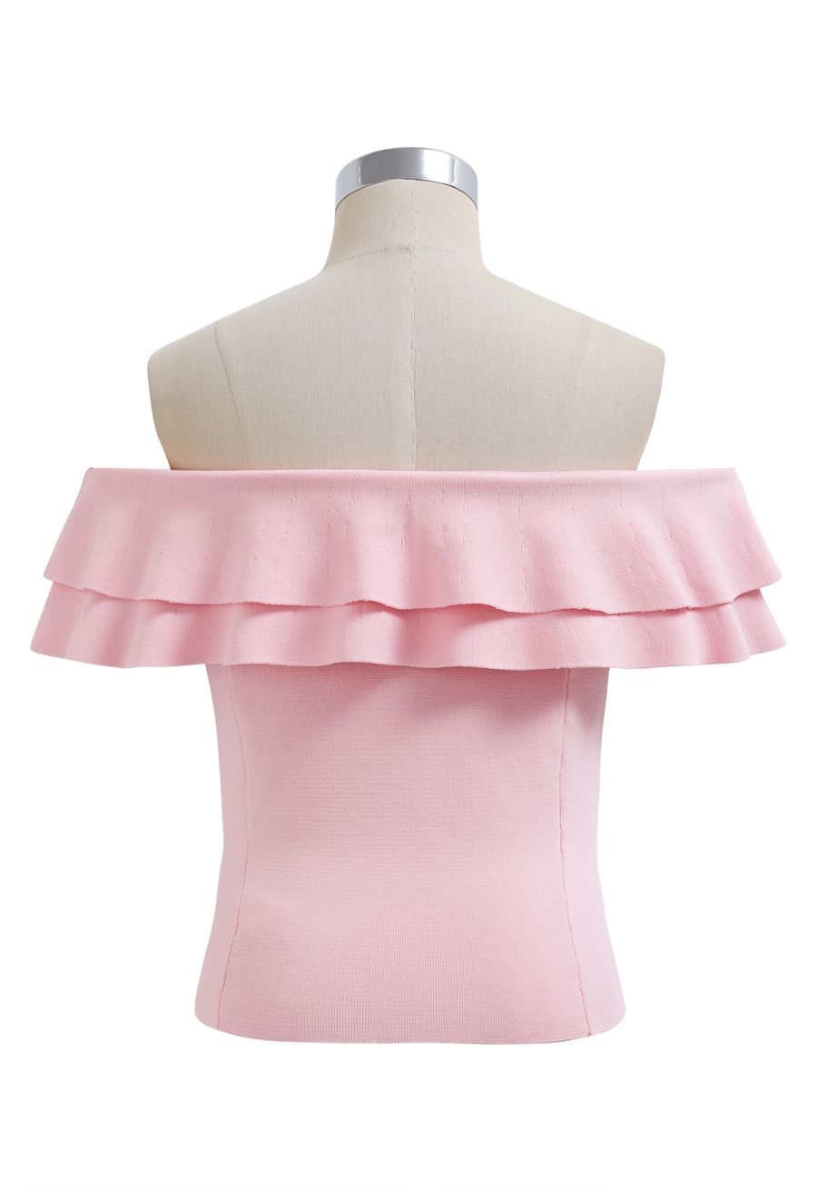 Off-Shoulder Tiered Cropped Knit Top in Light Pink