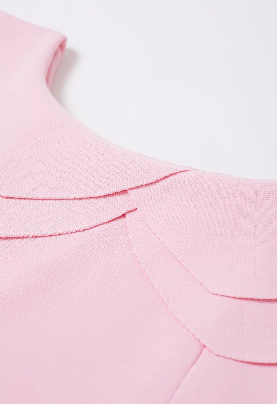 Off-Shoulder Tiered Cropped Knit Top in Light Pink