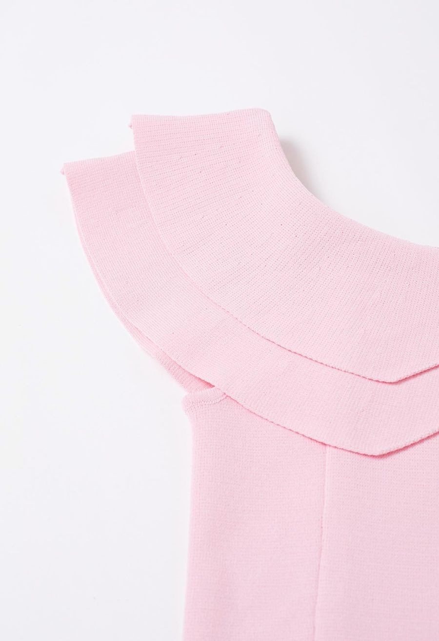 Off-Shoulder Tiered Cropped Knit Top in Light Pink