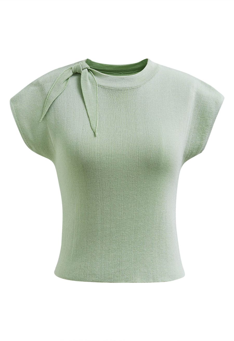Side Tie Knotted Cap Sleeve Crop Knit Top in Pistachio
