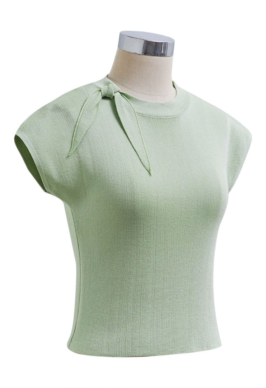 Side Tie Knotted Cap Sleeve Crop Knit Top in Pistachio