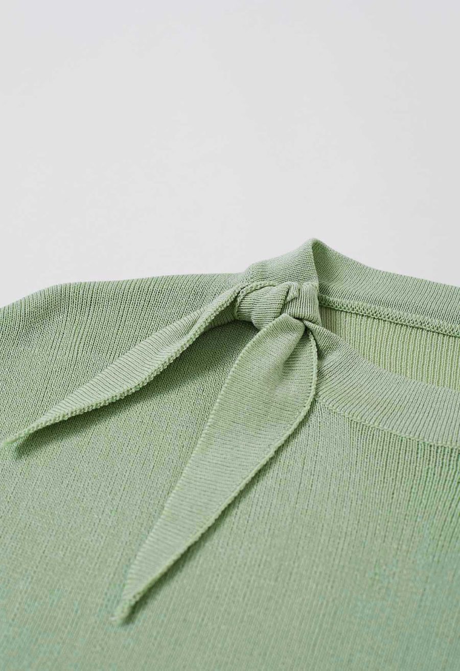 Side Tie Knotted Cap Sleeve Crop Knit Top in Pistachio