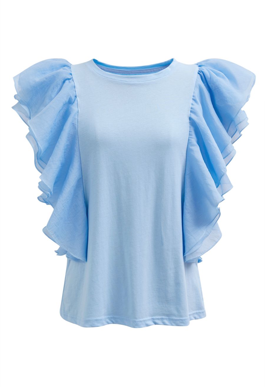 Exaggerated Organza Ruffles Sleeveless Top in Sky Blue