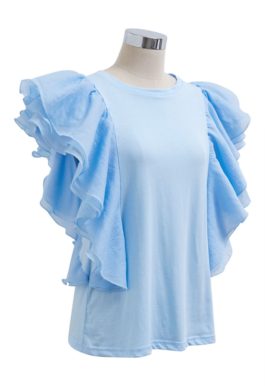 Exaggerated Organza Ruffles Sleeveless Top in Sky Blue