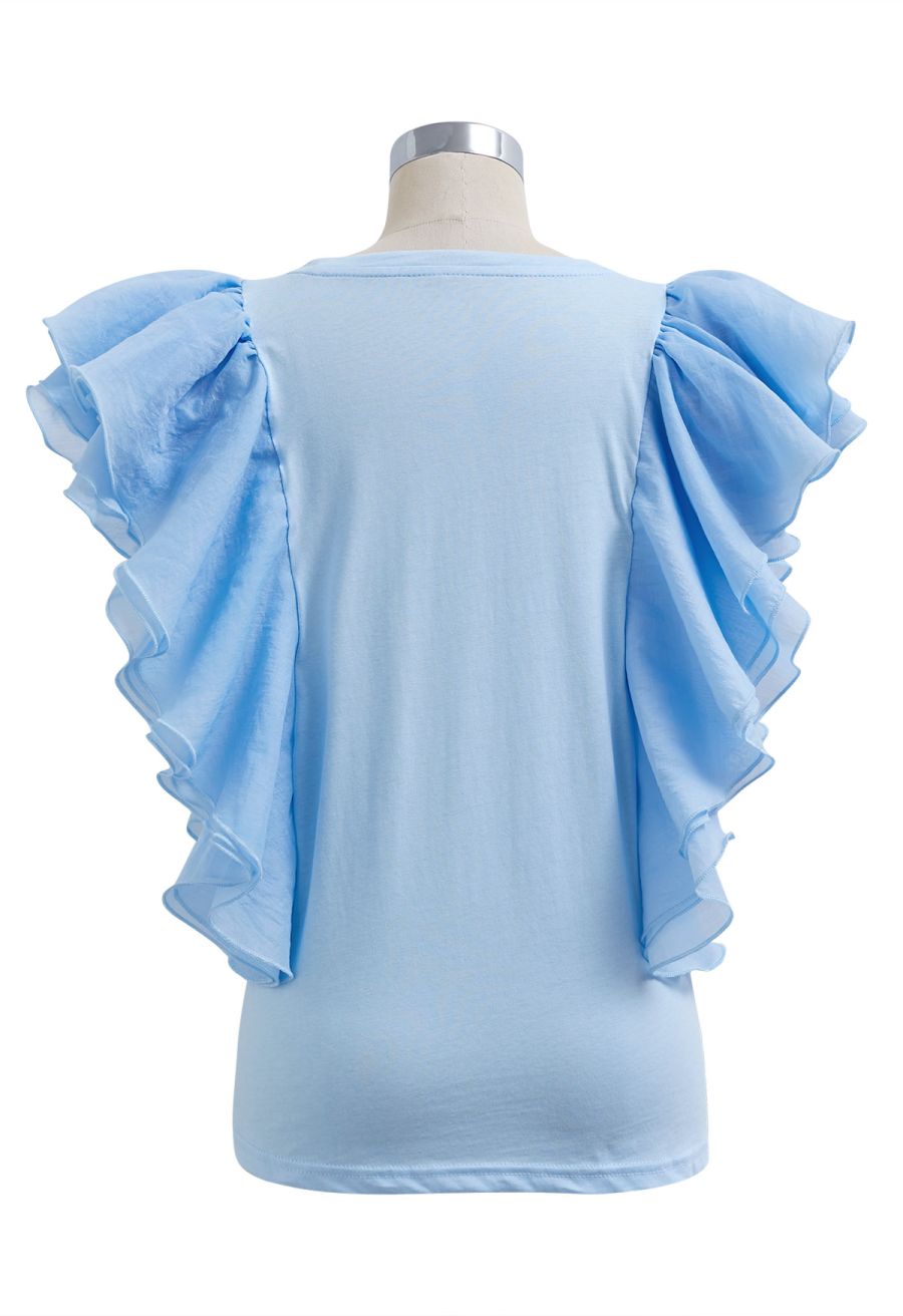 Exaggerated Organza Ruffles Sleeveless Top in Sky Blue